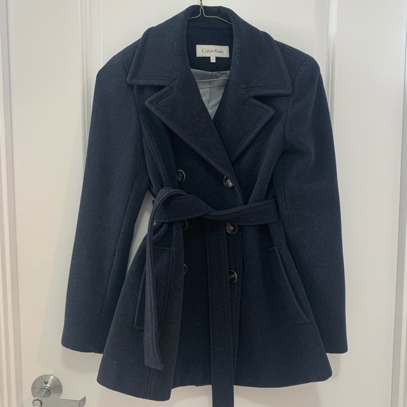 CALVIN KLEIN Chest Size 40 Size 40 Navy Solid Polyester / Wool Peacoat Coat